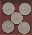 Vittorio Emanuele III (1900-1946) 50 Centesimi 1919 R, 1920 R, 1921 L, 1921 R e 1925 R. Lotto di cinque monete come da foto
qBB-BB