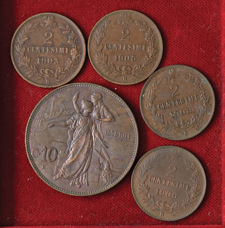 Vittorio Emanuele III (1900-1946) 2 Centesimi 1903, 1905, 1906, 1908 e 10 centes...
