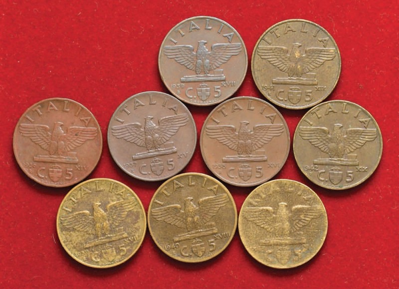 Vittorio Emanuele III (1900-1946) 5 Centesimi 1936-1942 -CU Lotto di sette monet...