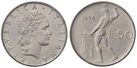 REPUBBLICA ITALIANA 50 Lire 1959 - AC R Colpetto al ciglio del D/ e graffietti al D/
qFDC