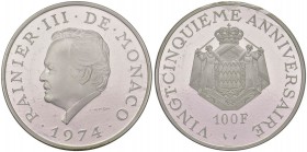 MONACO Ranieri III (1949-2005) 100 Franchi 1974 25° anniversario - AG In bustina sigillata della Monnaie de Paris, in astuccio con certificato
FS