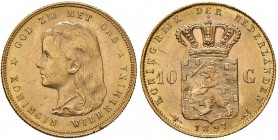 OLANDA Wilhelmina (1890-1948) 10 Gulden 1897 - KM 118 AU (g 6,77) Colpetto al bordo. Screpolature al D/
SPL