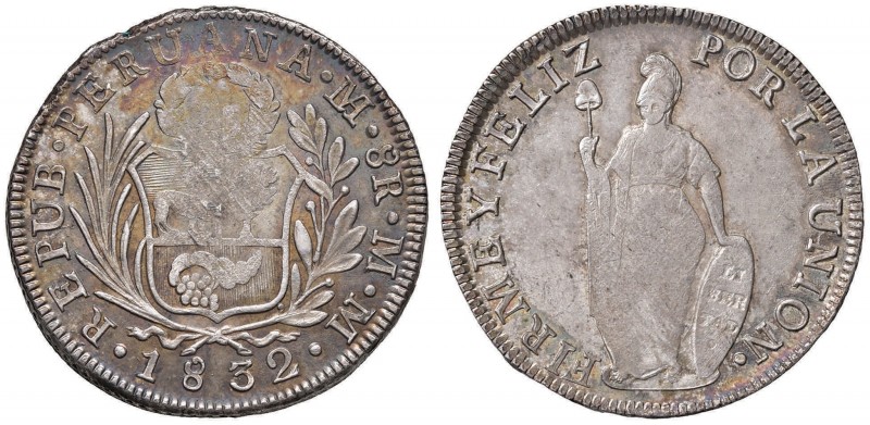 PERU 8 Reales 1832 MM - KM 142.3 AG (g 26,84) Difetti di coniazioni, interessant...