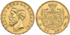 ROMANIA Carlo I (1881-1914) 20 Lei 1883 - KM 19 AU (g 6,44) Minimi graffietti sul collo e nei campi al D/
BB