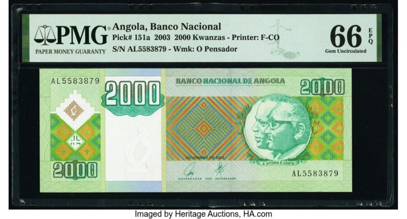 Angola Banco Nacional De Angola 2000 Kwanzas 2003 Pick 151a PMG Gem Uncirculated...