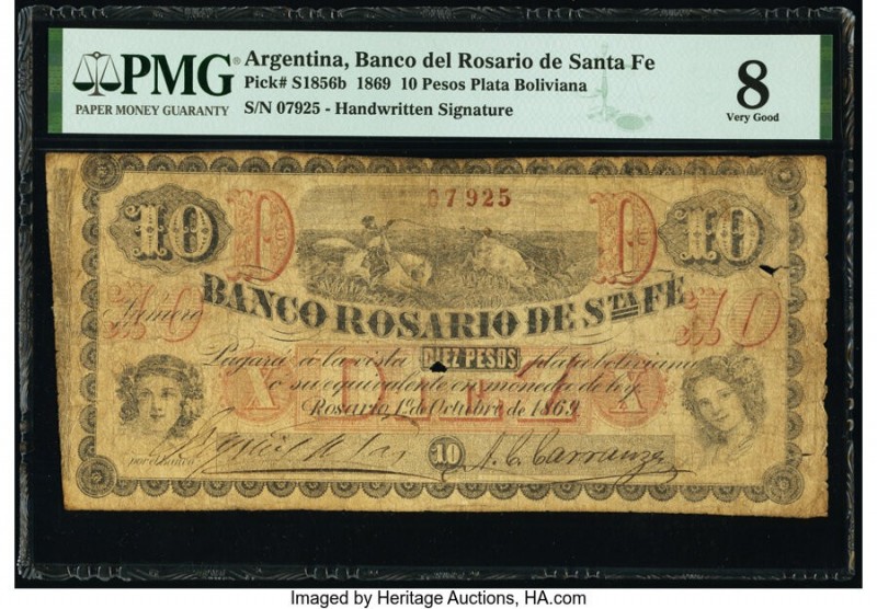 Argentina Banco del Rosario de Santa Fe 10 Pesos Plata Boliviana 1.10.1869 Pick ...