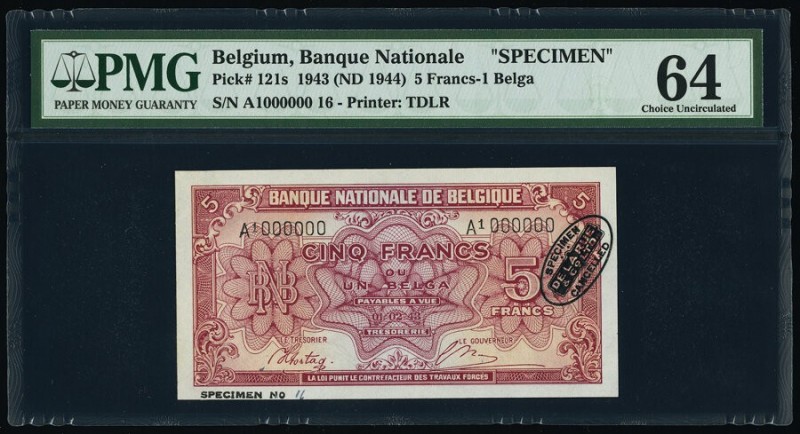 Belgium Nationale Bank Van Belgie 5 Francs-1 Belga 1943 (ND 1944) Pick 121s Spec...