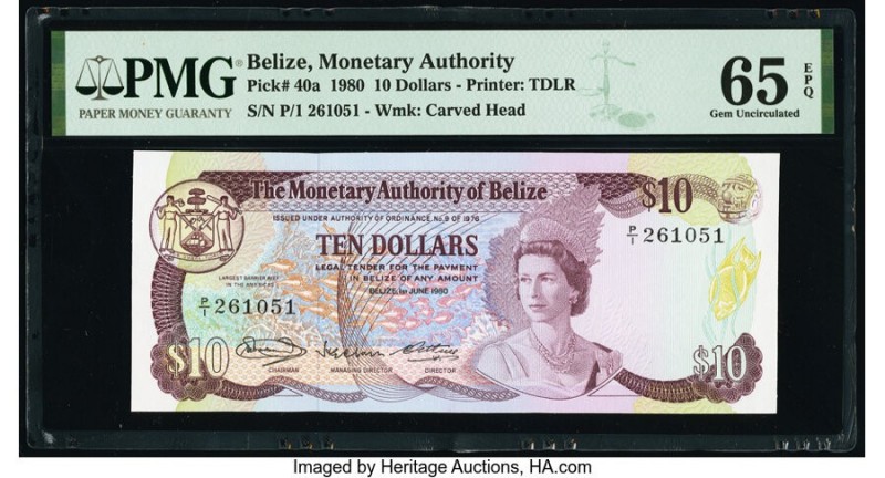 Belize Monetary Authority 10 Dollars 1.6.1980 Pick 40a PMG Gem Uncirculated 65 E...
