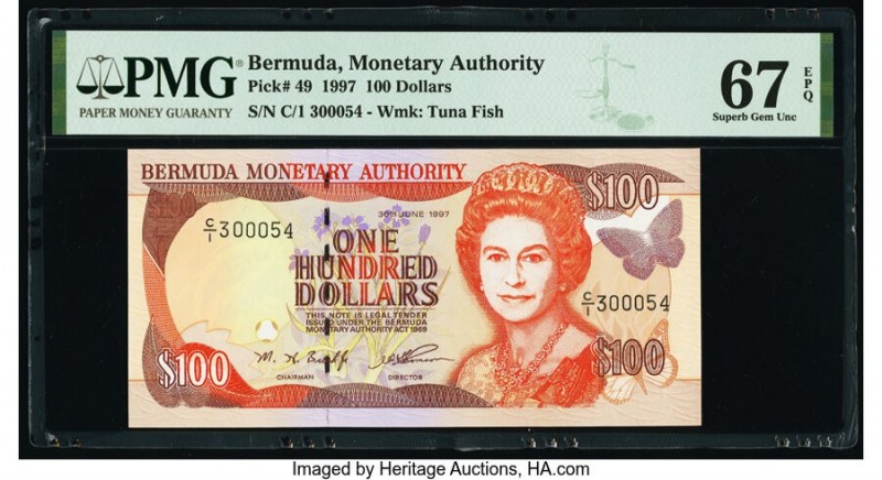 Bermuda Monetary Authority 100 Dollars 1997 Pick 49 PMG Superb Gem Unc 67 EPQ. 
...