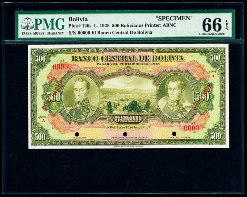 Bolivia Banco Central 500 Bolivianos 1928 Pick 126s Specimen PMG Gem Uncirculate...