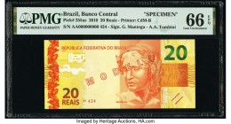 Brazil Banco Central Do Brasil 20 Reais 2010 Pick 255as Specimen PMG Gem Uncirculated 66 EPQ. Red Modelo overprints.

HID09801242017

© 2020 Heritage ...