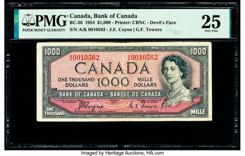 Canada Bank of Canada $1000 1954 Pick 73 BC-36 "Devil's Face" PMG Very Fine 25. ...