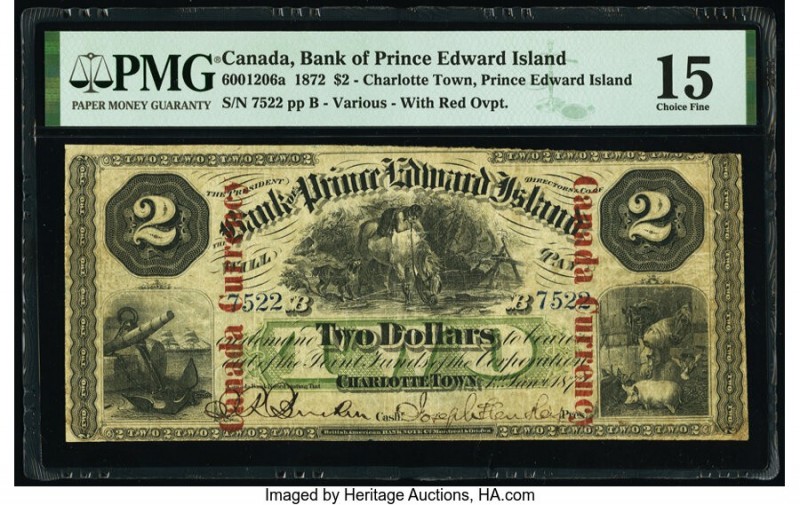 Canada Charlotte Town, PEI- Bank of Prince Edward Island $2 1.1.1872 Pick S1930b...