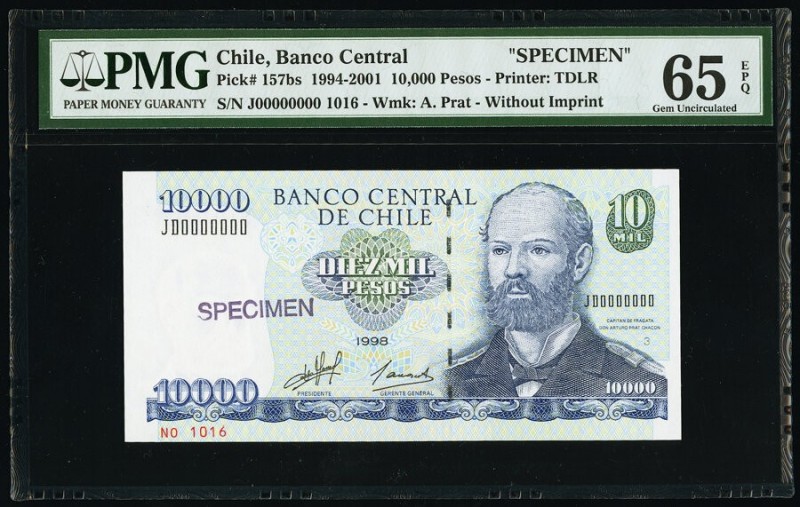 Chile Banco de Chile 10,000 Pesos 1998 Pick S157bs Specimen PMG Gem Uncirculated...