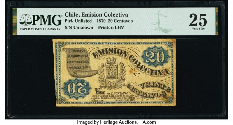 Chile Emision Colectiva 20 Centavos 9.1879 Pick UNL PMG Very Fine 25. Previously...