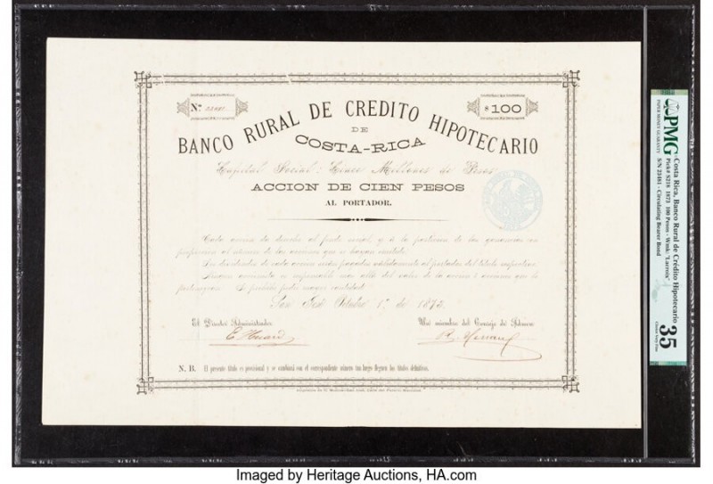 Costa Rica Banco Rural de Credito Hipotecario de Costa Rica 100 Pesos 1.10.1873 ...