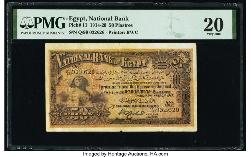 Egypt National Bank of Egypt 50 Piastres 9.3.1917 Pick 11 PMG Very Fine 20. 

HI...