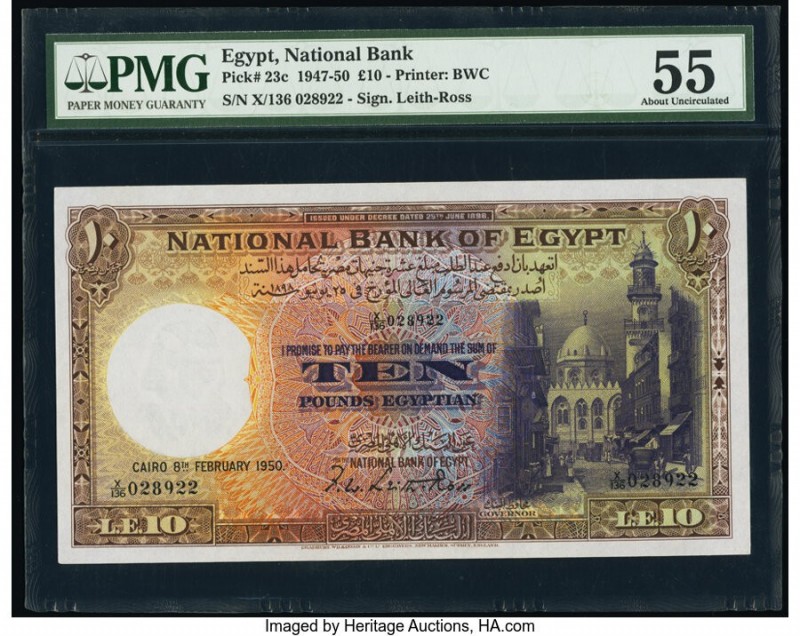 Egypt National Bank of Egypt 10 Pounds 8.2.1950 Pick 23c PMG About Uncirculated ...