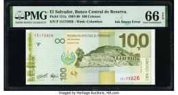 Ink Smear Error El Salvador Banco Central de Reserva de El Salvador 100 Colones 4.5.1998 Pick 151a PMG Gem Uncirculated 66 EPQ. 

HID09801242017

© 20...