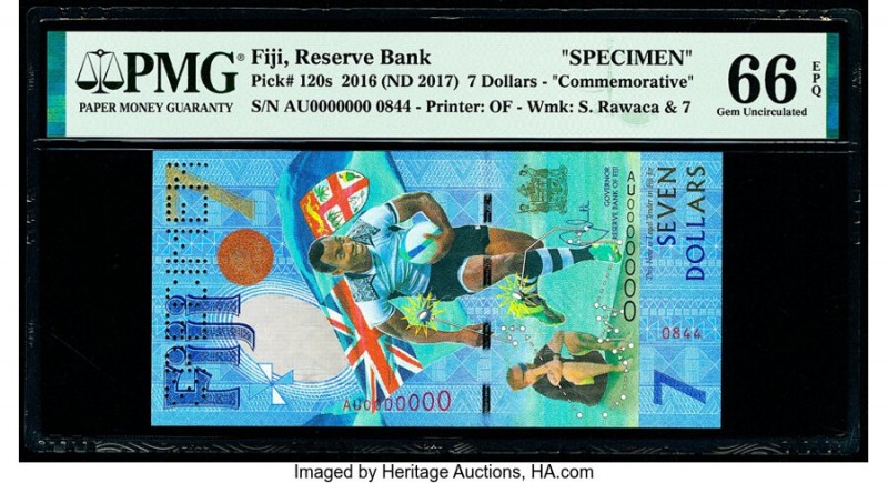 Fiji Reserve Bank of Fiji 7 Dollars 2016 (ND 2017) Pick 120s Specimen PMG Gem Un...