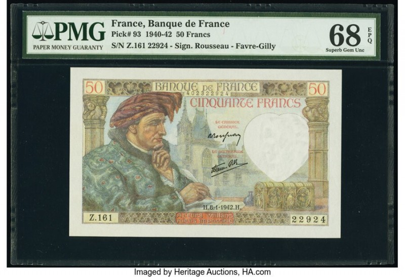 France Banque de France 50 Francs 8.1.1942 Pick 93 PMG Superb Gem Unc 68 EPQ. 

...