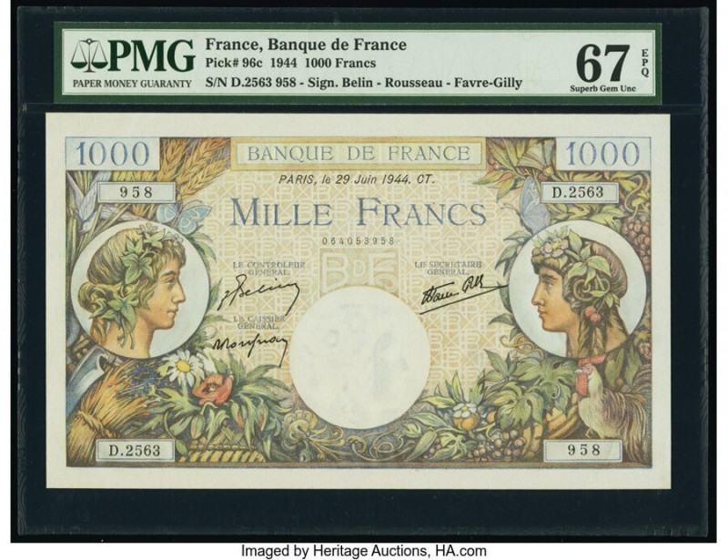 France Banque de France 1000 Francs 29.6.1944 Pick 96c PMG Superb Gem Unc 67 EPQ...
