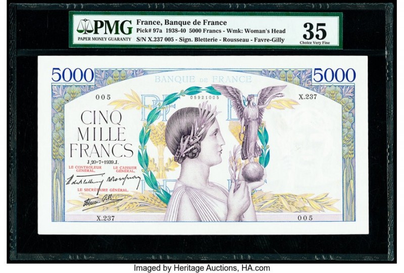France Banque de France 5000; 100 Francs 20.7.1939; 1994-95 Pick 97a; 154h Two E...