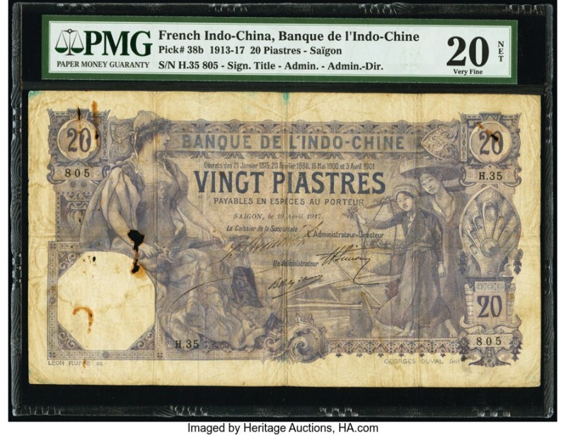French Indochina Banque de l'Indo-Chine 20 Piastres 19.4.1917 Pick 38b PMG Very ...