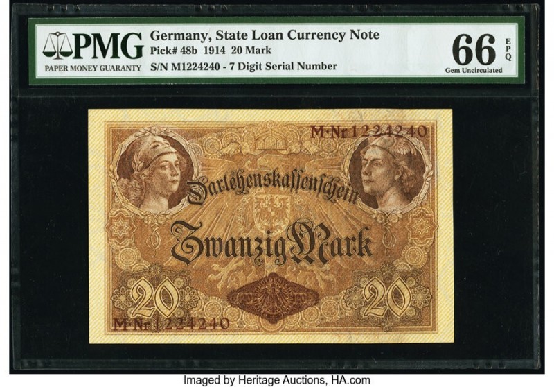 Germany State Loan Currency Note 20 Mark 5.8.1914 Pick 48b PMG Gem Uncirculated ...