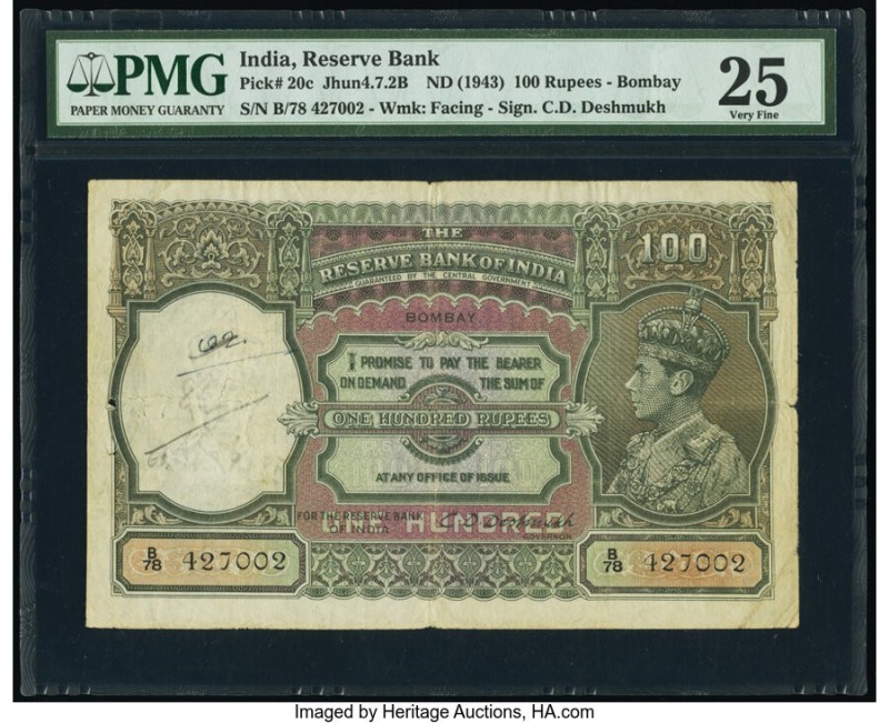 India Reserve Bank of India 100 Rupees ND (1943) Pick 20c Jhun4.7.2B PMG Very Fi...