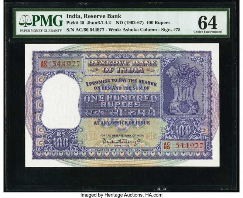 India Reserve Bank of India 100 Rupees ND (1962-67) Pick 45 Jhun6.7.4.2 PMG Choi...