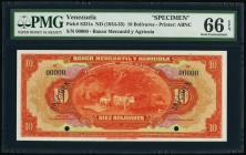 Venezuela Banco Mercantil y Agrícola 10 Bolívares ND (1934-35) Pick S231s Specimen PMG Gem Uncirculated 66 EPQ. Cancelled with 2 punch holes. 

HID098...