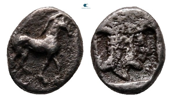 Macedon. Potidaea circa 450-432 BC. 
Tritemorion AR

7 mm, 0,38 g

Horse st...