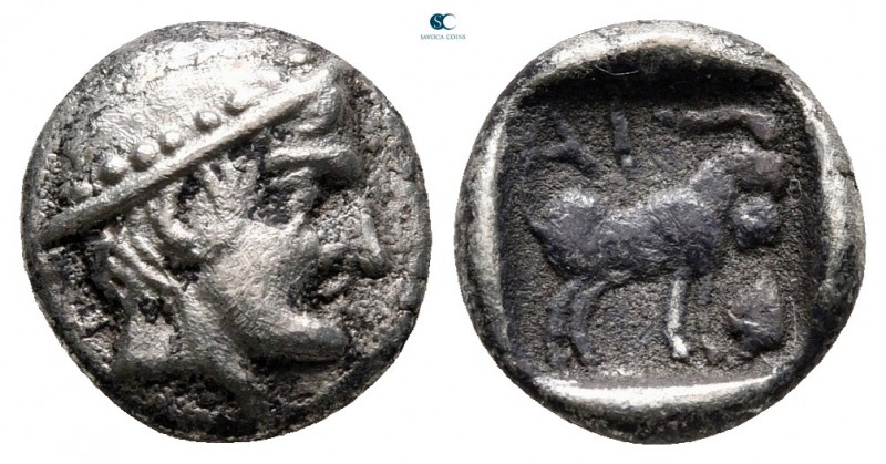 Thrace. Ainos circa 400 BC. 
Diobol AR

11 mm, 1,26 g

Head of Hermes right...