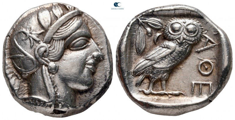 Attica. Athens circa 454-404 BC. 
Tetradrachm AR

25 mm, 17,19 g

Head of A...