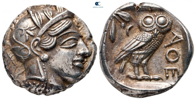 Attica. Athens circa 454-404 BC. 
Tetradrachm AR

25 mm, 17,27 g

Head of A...