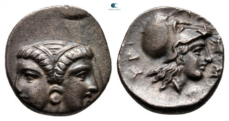Mysia. Lampsakos circa 390-330 BC. 
Diobol AR

13 mm, 1,20 g

Janiform fema...