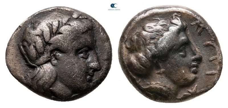 Lesbos. Mytilene circa 400-350 BC. 
Diobol AR

10 mm, 1,38 g

Laureate head...