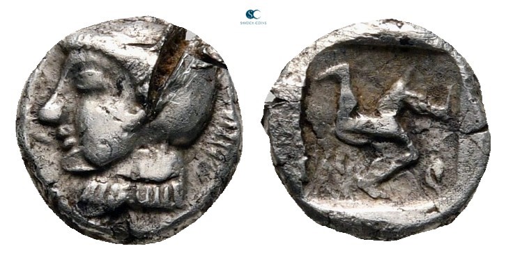 Pamphylia. Aspendos circa 465-430 BC. 
Obol AR

7 mm, 0,59 g

Helmeted head...