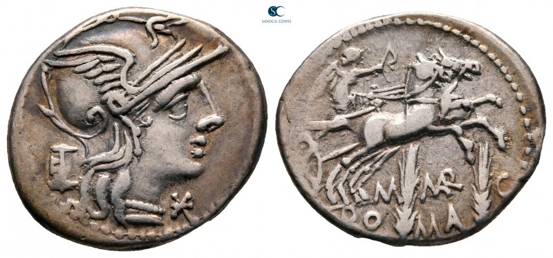 M. Marcius Mn. F 134 BC. Rome
Denarius AR

20 mm, 3,87 g

Helmeted head of ...