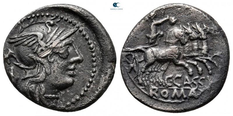 C. Cassius 126 BC. Rome
Denarius AR

19 mm, 3,65 g

Helmeted head of Roma r...
