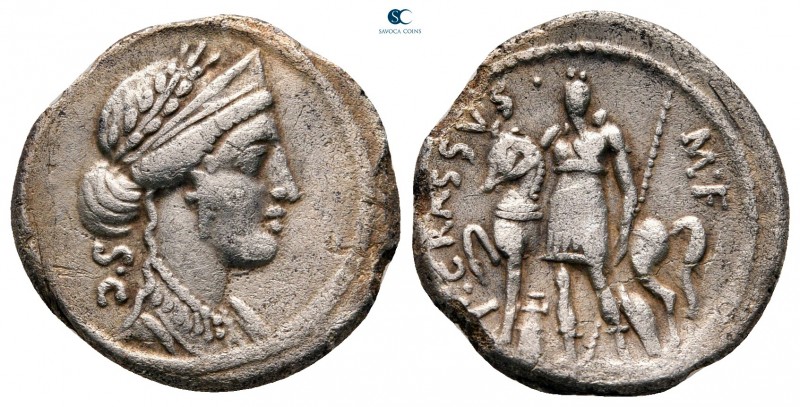 P. Licinius Crassus M.f 55 BC. Rome
Denarius AR

18 mm, 3,62 g

Diademed, l...