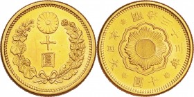 Japan. Gold. 1900. 10 Yen. EF. New type 10 Yen Gold JNDA01-7. 8.33g. .900. 21.21mm. w/JNDA Cert.