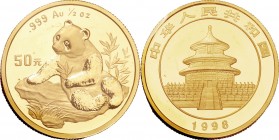 China. Gold. 1998. 50 Yuan. UNC. Panda 1/2oz Gold 50 Yuan. 15.55g. .999. 27.00mm. Original Vinyl.