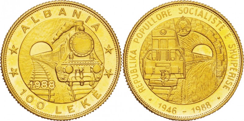 Albania. Gold. 1988. 100 Leke. Proof. 42nd Anniversary of the First Railroad Gol...