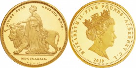 Alderney. Gold. 2019. 5 Pound. FDC Proof. PCGS PR70DCAM. 200th Anniversary of the Birth of Queen Victoria -Una and the Lion- Gold Proof 5 Pounds. 40.0...