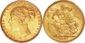 Australia. Gold. 1877. Sovereign. AU. PCGS MS62. Victoria Young Head Gold Sovereign. 7.98g. .917. 22.00mm.