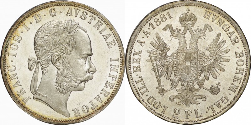 Austria. Silver. 1881. 2 Florin. AU. Franz Joseph I Silver 2 Florin. 24.69g. .90...