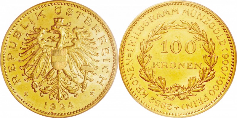 Austria. Gold. 1924. 100 Kronen. AU Prooflike. PCGS PL62. Imperial Eagle Gold Pr...