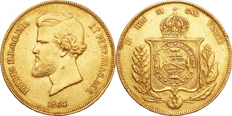 Brazil. Gold. 1864. 20000 Reis. VF/EF. Pedro II Gold 20000 Reis. 17.92g. .917. 3...